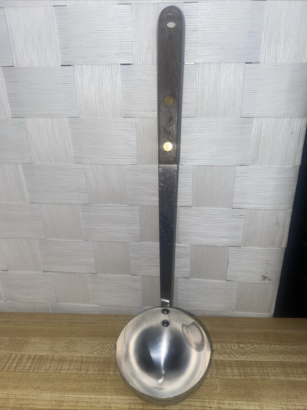 VTG MCM Stainless Steel Soup Ladle Brass Riveted Wood Handle 12” Long